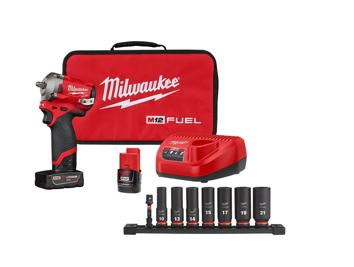 Milwaukee 2554-22-49-66-7021 M12 FUEL 12V Brushless Cordless Stubby 3/8 in. Impact Wrench Kit with3/8 in. Metric Deep Impact Socket Set (8-Piece)