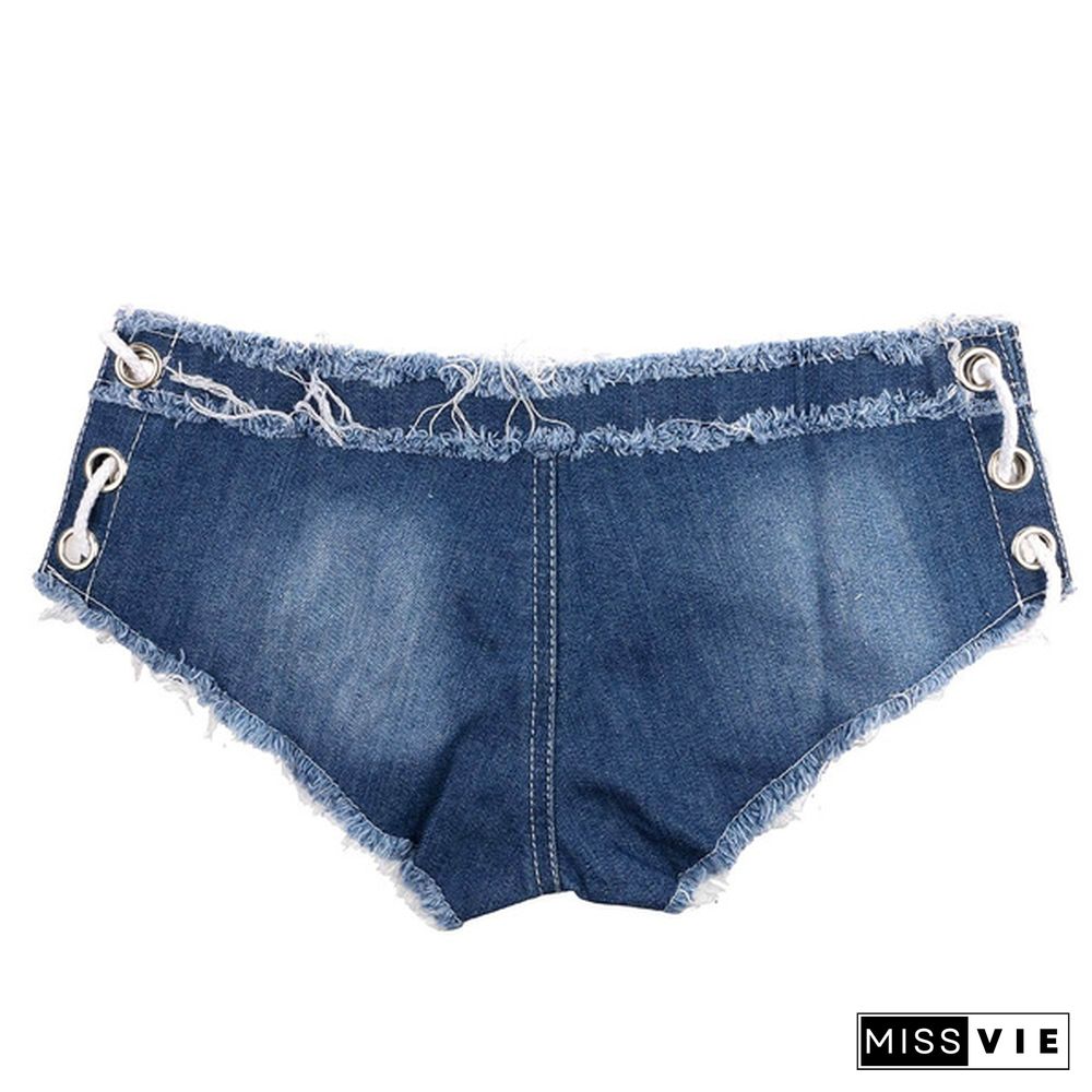 Women Sexy Denim Side Lace-up Super Short Jeans Low Waist Skinny Hot Pants New