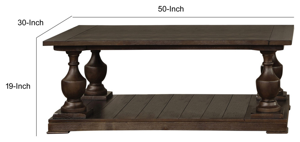 50 Inch Rectangular Coffee Table Open Shelf Baluster Pedestal Legs Brown   Traditional   Coffee Tables   by Dot  ampBo  Houzz