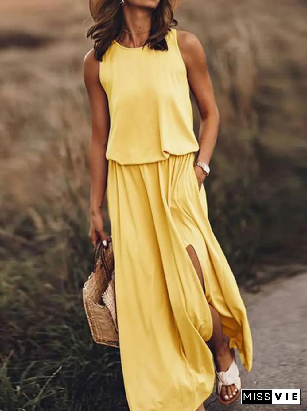 Ladies Summer Casual Solid Tank Top Long Dress Fashion O Neck Sleeveless A-line Dress Female Harajuku Loose Split New Dress