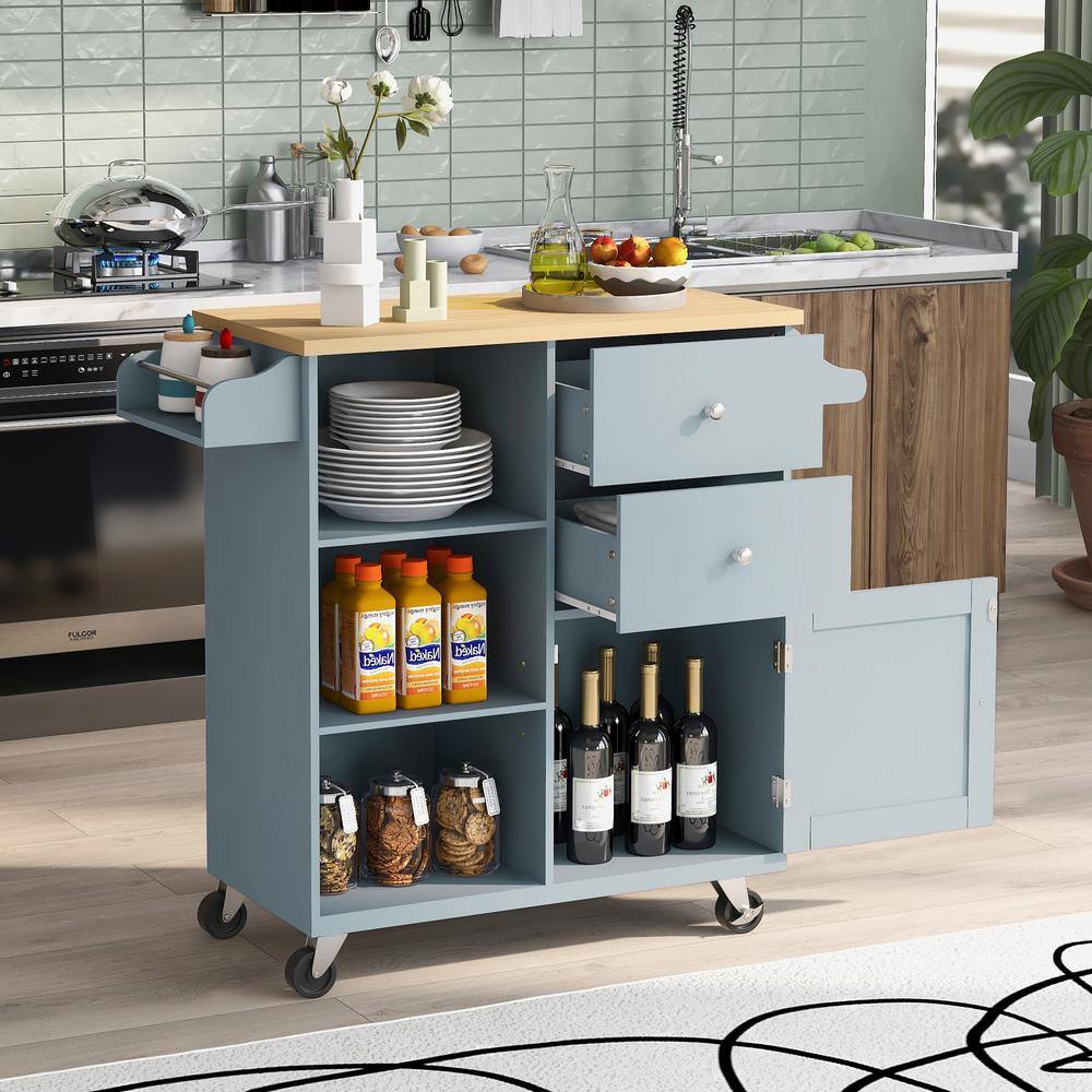 Blue Rubber Wood Drop-Leaf Countertop 41.34 in. W Kitchen Island on 4-Wheels with 2-Drawers and 3-Open Shelves XS-WF299363AAG