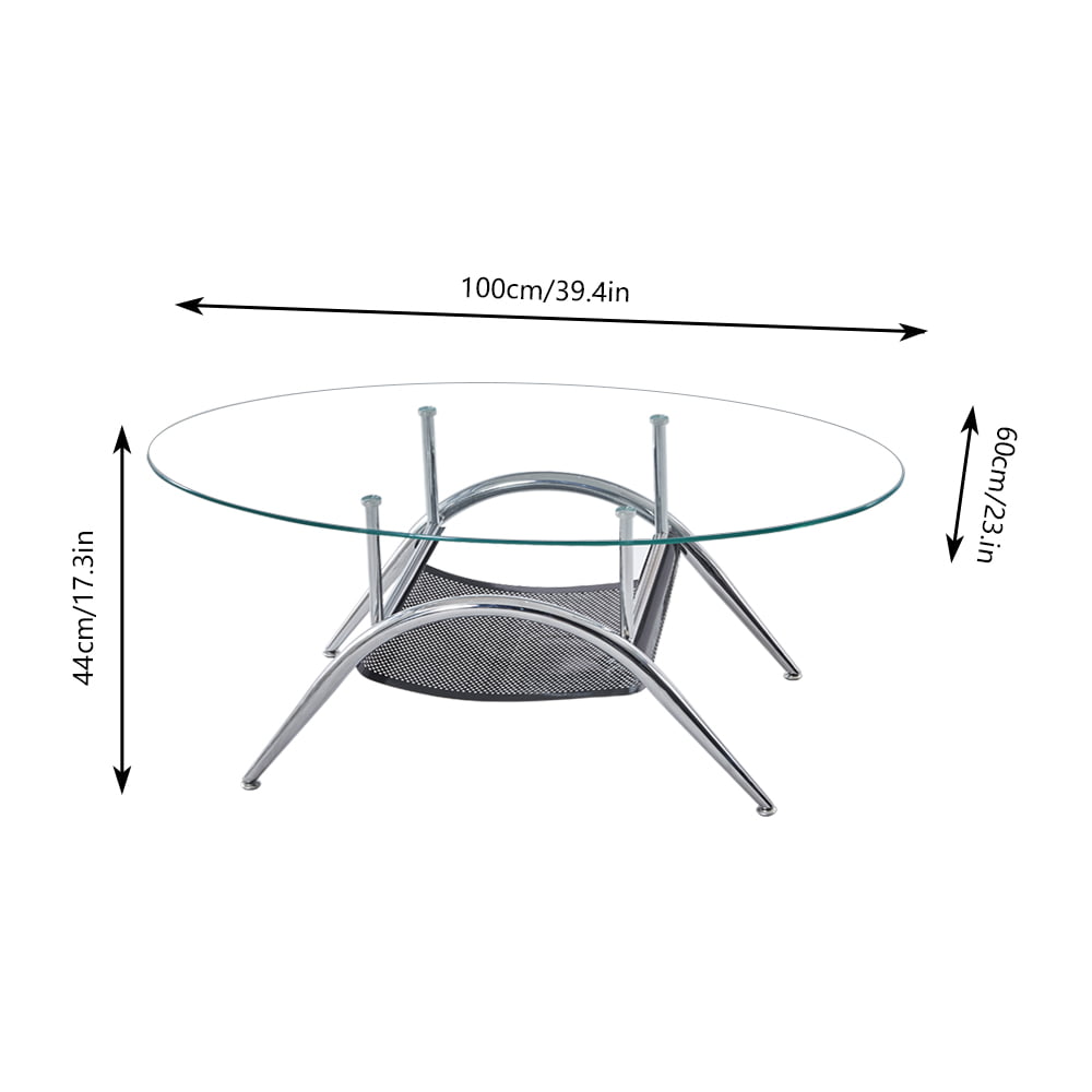 2 Tier Glass Sofa Table Oval Coffee Table with Shelf Cocktail Table Ellipse Metal Legs Chrome Finish with Glass Top