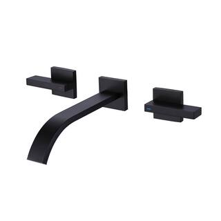 FLG Double Handle Waterfall Wall Mounted Bathroom Faucet Brass 3 Hole Bathroom Sink Faucet with Valve in Matte Black KK-0019-MB