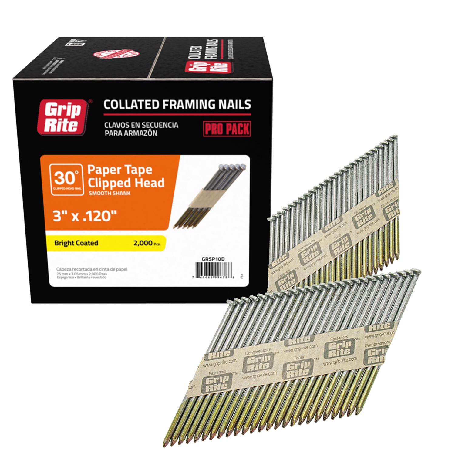 Grip-Rite 3 in. 12 Ga. Angled Strip Bright Framing Nails 30 deg 2000 pk