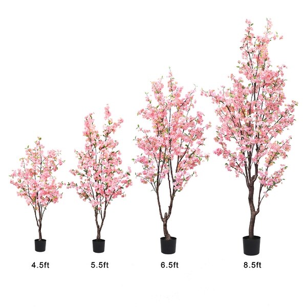 6.5ft Pink Artificial Cherry Blossom Flower Tree Plant in Black Pot