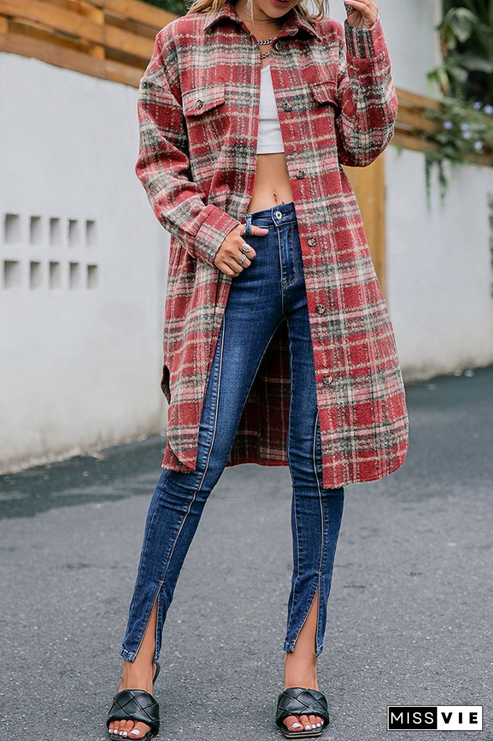 Plaid Long Length Open Button Jacket Coats