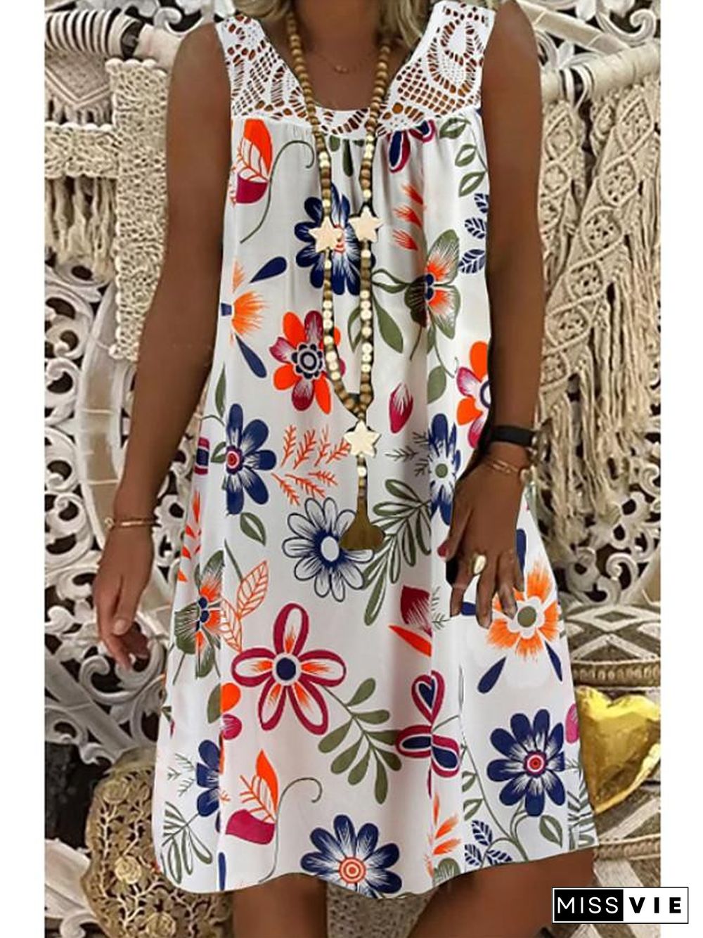 Women's Shift Dress Knee Length Dress - Sleeveless Floral Lace Print Summer Plus Size Hot Mumu Beach vacation dresses White Black Army Green Fuchsia Navy Blue M L XL XXL 3XL 4XL 5XL