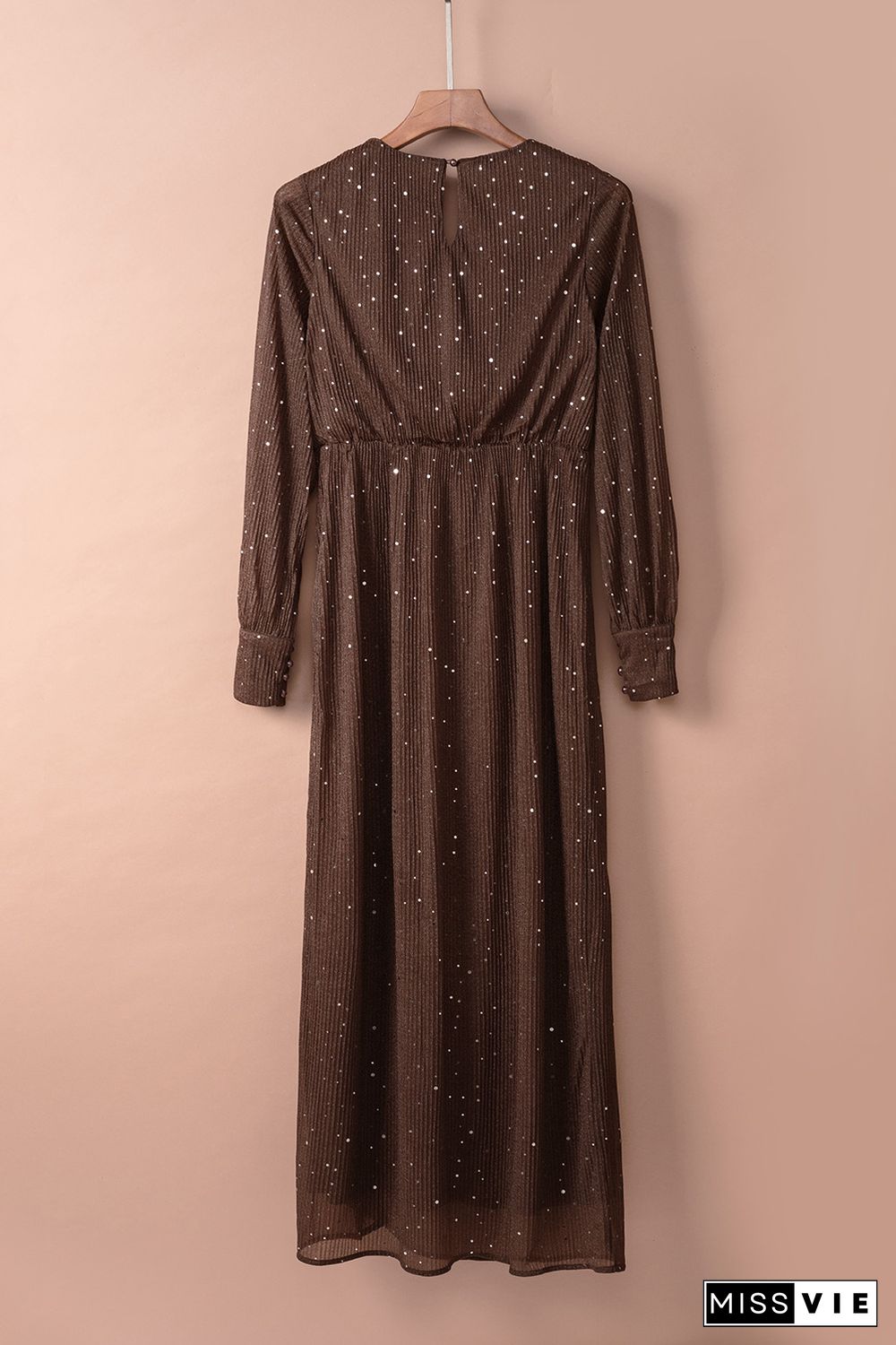 Brown Side Split Rhinestone V Neck Maxi Dress