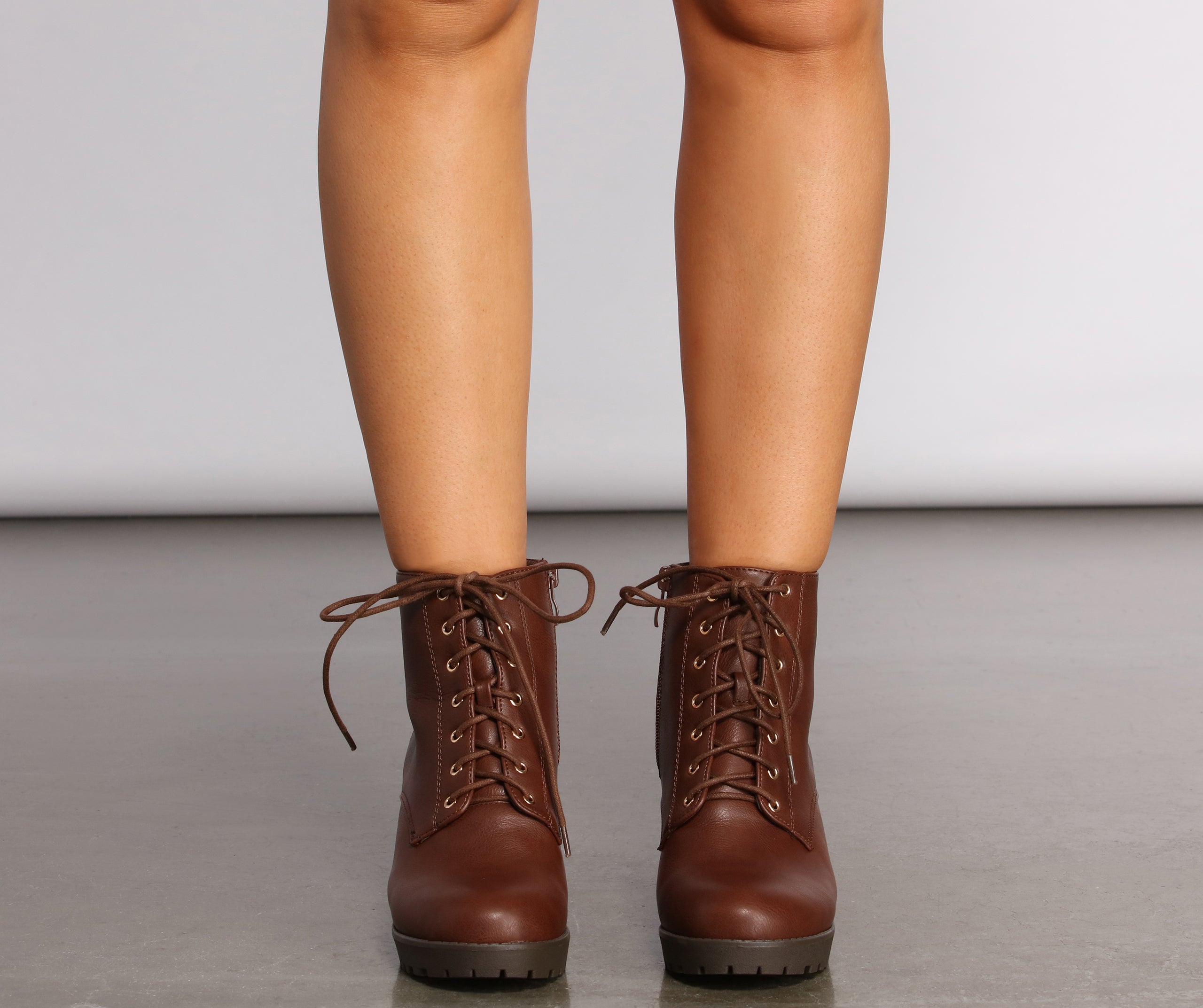 Lace Up Faux Leather Lug Booties