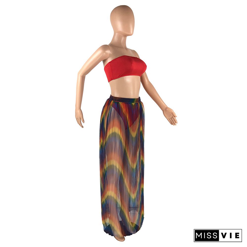 Sexy Off The Shoulder Wrap Chest Crop Top+Underpants+Rainbow Ruched Maxi Skirts Summer Bohemian 3 Piece Set