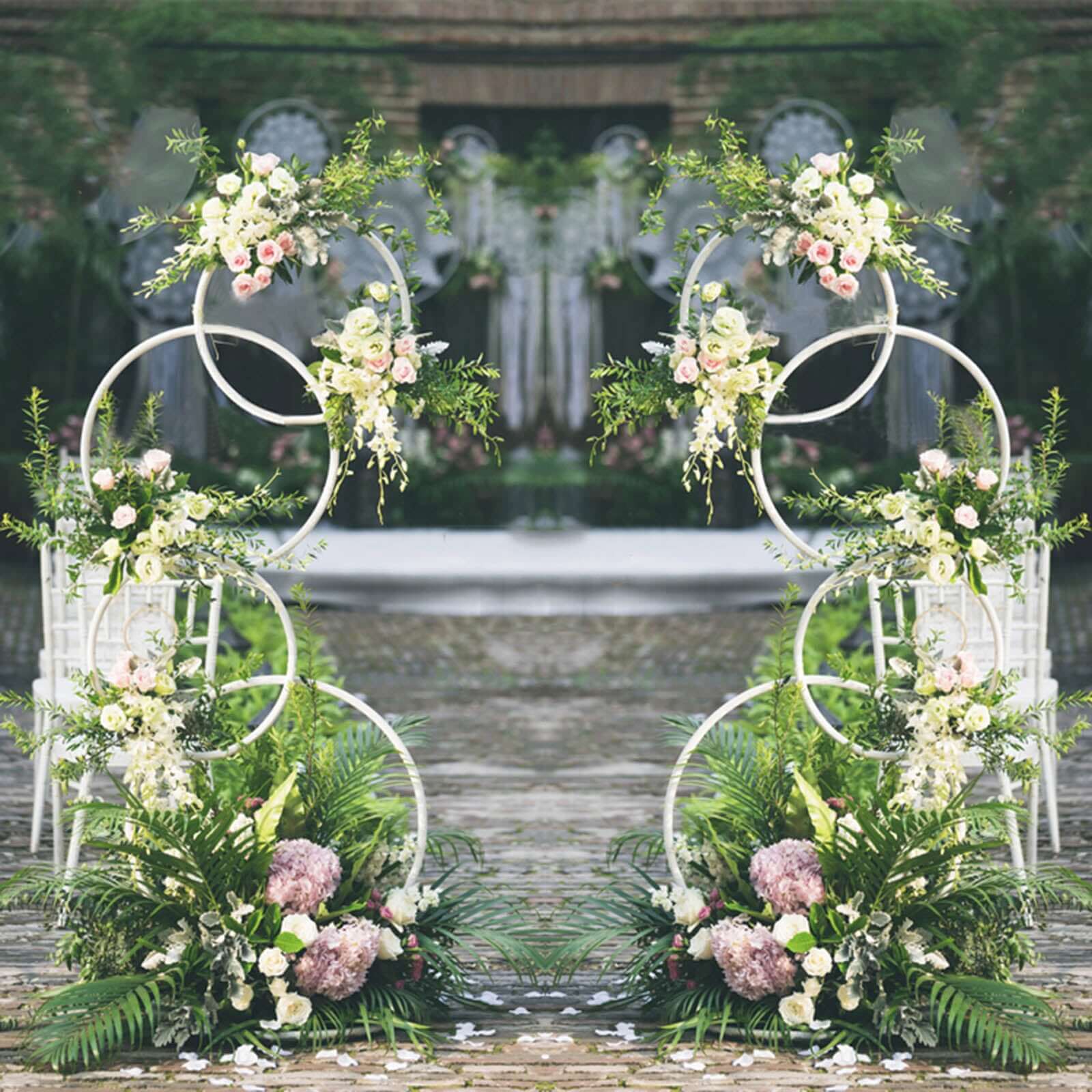 4-Tiered White Hoop Pillar Flower Stand, Metal Wedding Arch Table Centerpiece - Hoop Wreath 5ft