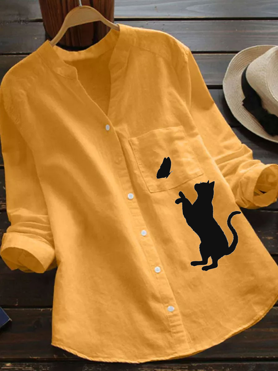 V-neck Casual Loose Cat Print Long-sleeved Blouse