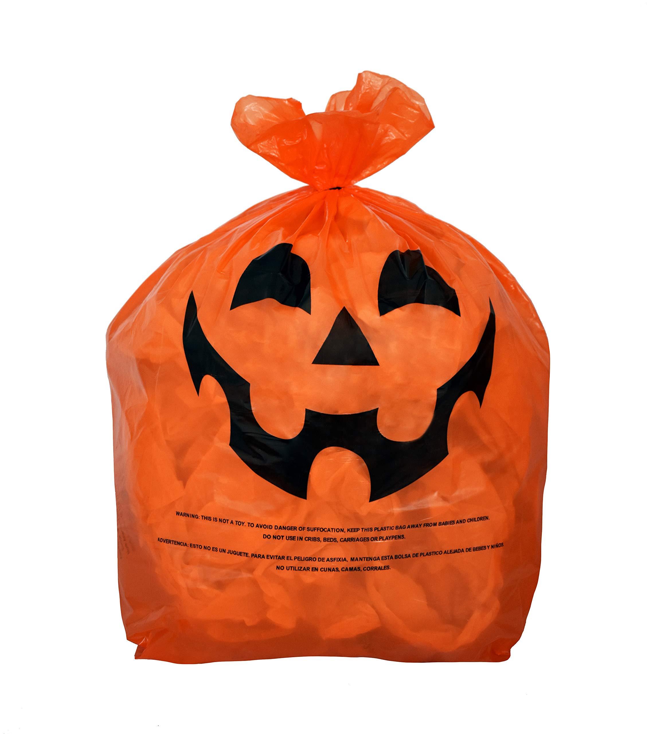 KINREX Halloween Pumpkin Plastic Lawn and Leaf Bags Decoration - Outdoor Fall Trash Bag Decor - Orange Jack O Lantern - Pack of 3 with Twist Ties