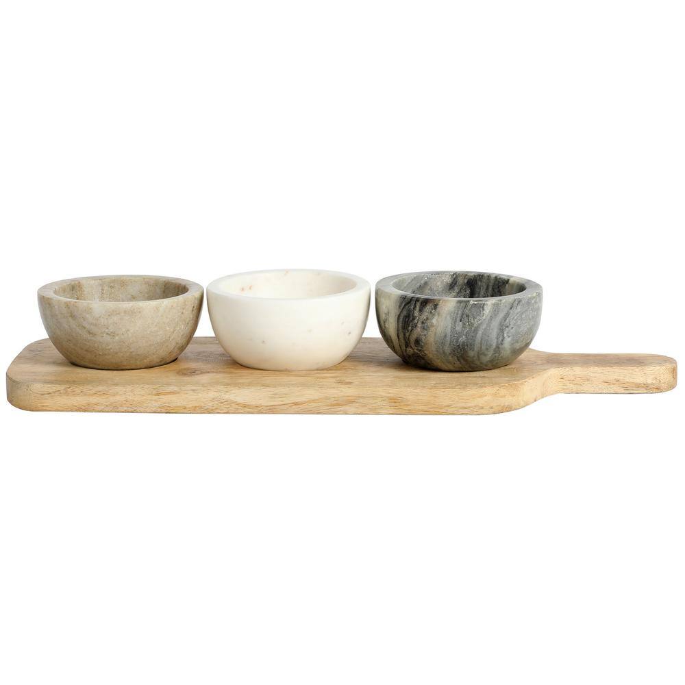 Laurie Gates California Designs Marble and Mango Wood 4 Piece Condiment Divided Serving Dishes and Paddle Board Set 985119106M