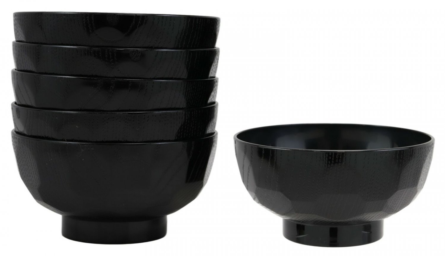 1 Japanese Contemporary 11oz Black Lacquer Ridged Rice Miso Soup Bowls Set of 6 EBR02