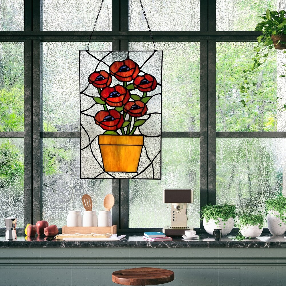 River of Goods Juliet River of Goods 16 Inch Red Flowers in Pot Stained Glass Window Panel   10\