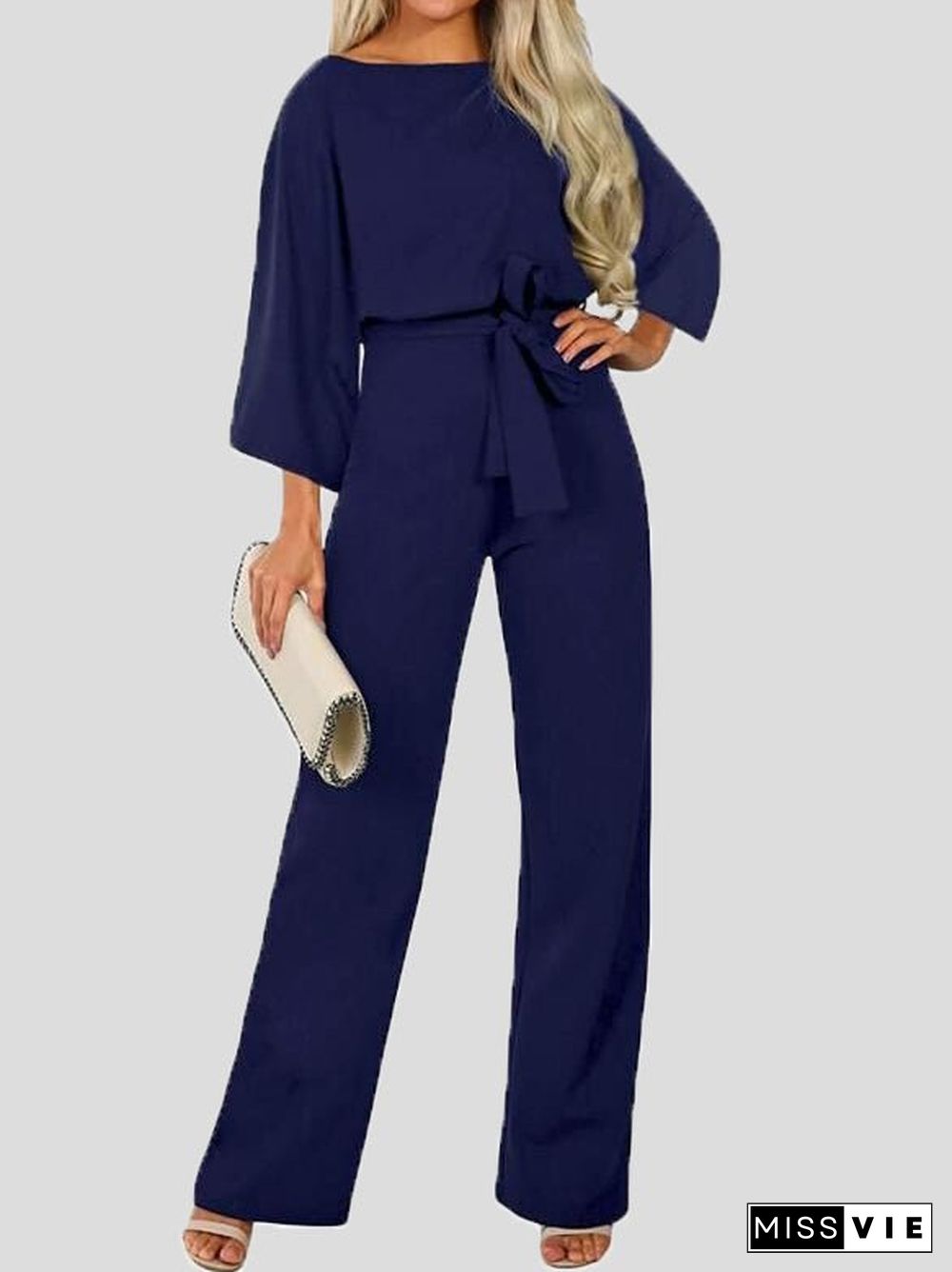 Women'S Jumpsuits Casual Solid Belted Long Sleeve Jumpsuit