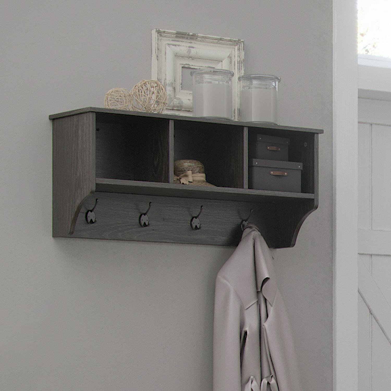 RiverRidge Home Woodbury Collection Wall Shelf with 3 Cubbies and 4 Double Hooks in Dark Weathered Woodgrain  Crowdfused