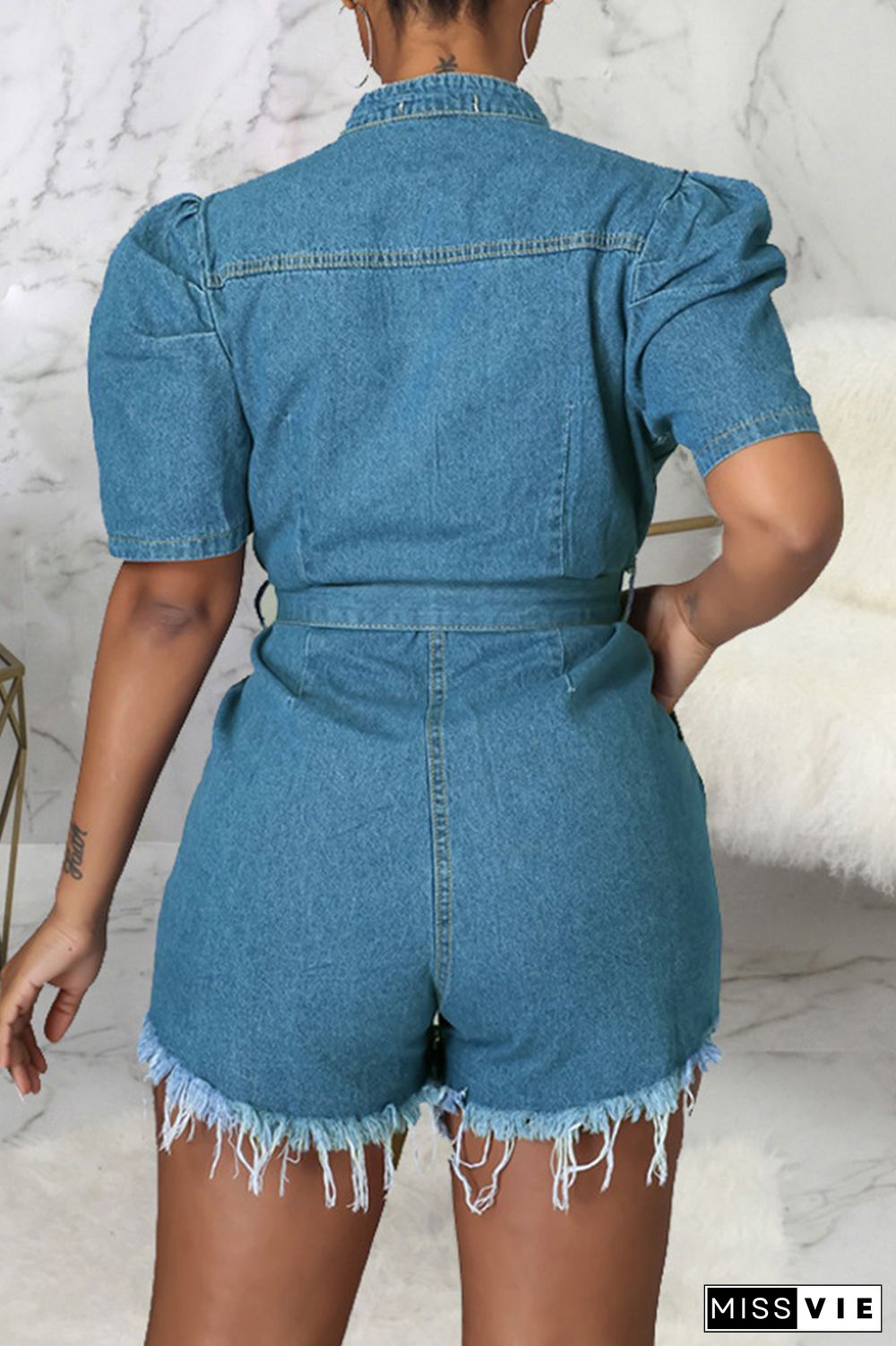 Blue Casual Solid Bandage Turndown Collar Straight Rompers