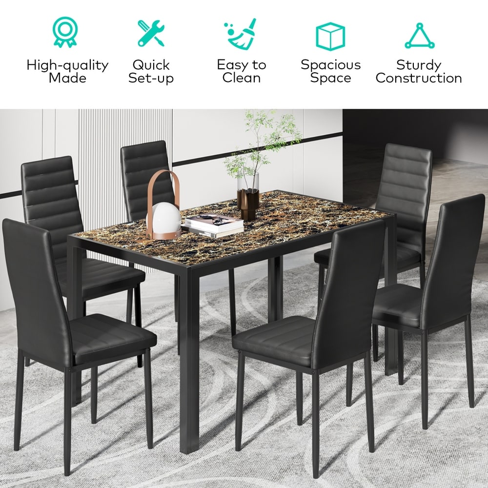 7 Piece Glass Dining Table Set for 6 with High Back PU Leather Chairs