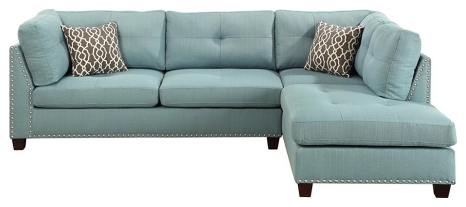 Bowery Hill Sectional Sofa  ampOttoman in Light Teal Linen Green Finish   Contemporary   Sectional Sofas   by Homesquare  Houzz