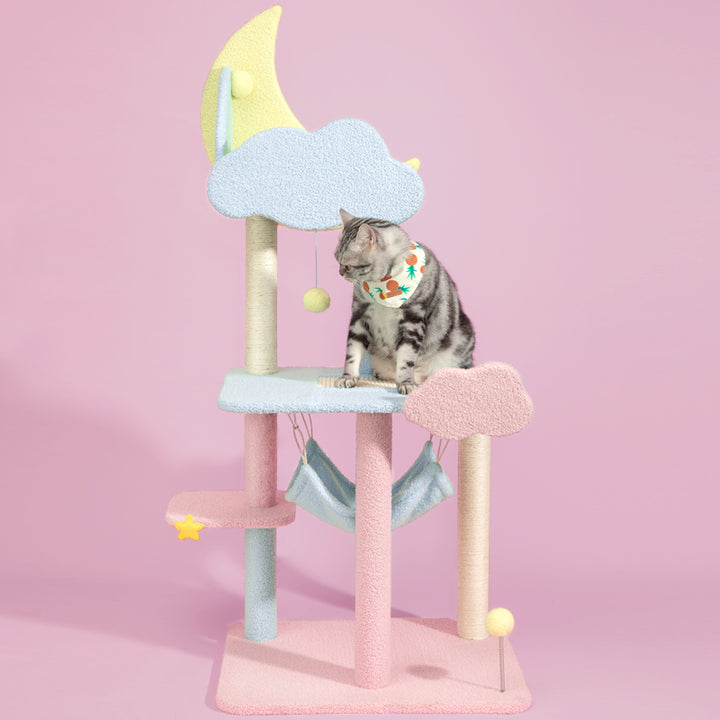 Happy and Polly 55” Multilevel Cat Tree with Hammock and Scratching Post Tower， Starry Sky Cat Tree for All Breed Cats， Blue Pink