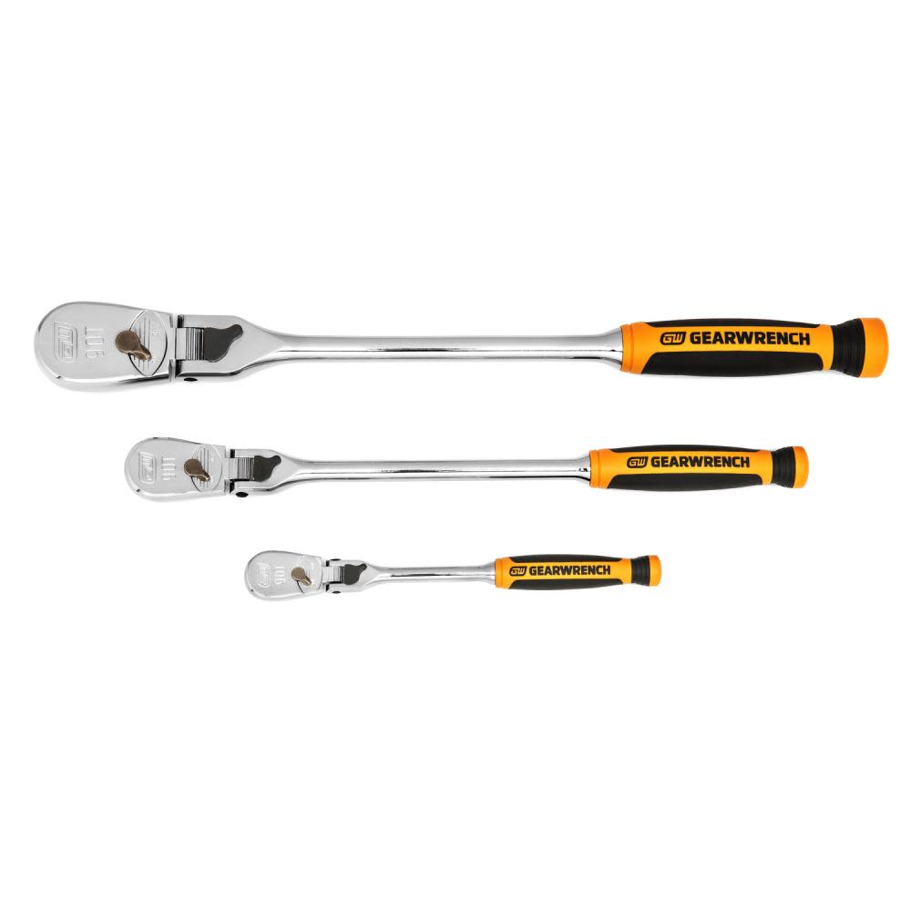 3 Pc 1/4， 3/8 and 1/2 Drive 90 Tooth Dual Material Locking Flex Head Ratchet Set ;