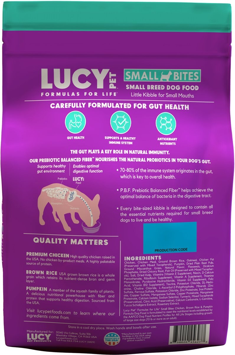 Lucy Pet Products Chicken， Brown Rice and Pumpkin Limited Ingredient Diet Small Bites Dog Food， 4.5-lbs bag