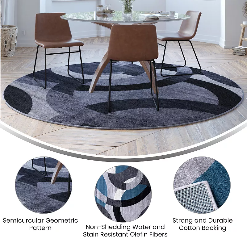 Masada Rugs Masada Rugs， Thatcher Collection Accent Rug with Interlocking Circle Pattern in Black/Grey with Olefin Facing and Natural Jute Backing - 5'x5' Round