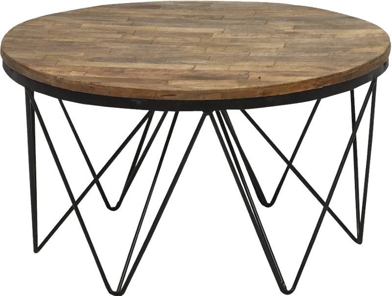 Aubrey Reclaimed Wood Round Coffee Table with Hairpin Metal Legs