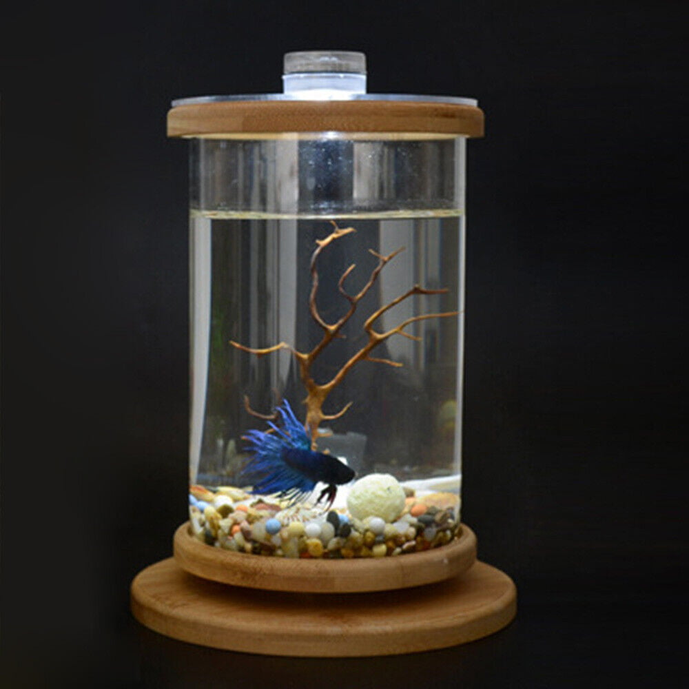 Bamboo + Glass Goldfish Small Fish Bowl Glass Eco Fish Tank Aquarium Ornamental 360 Degrees Rotatable