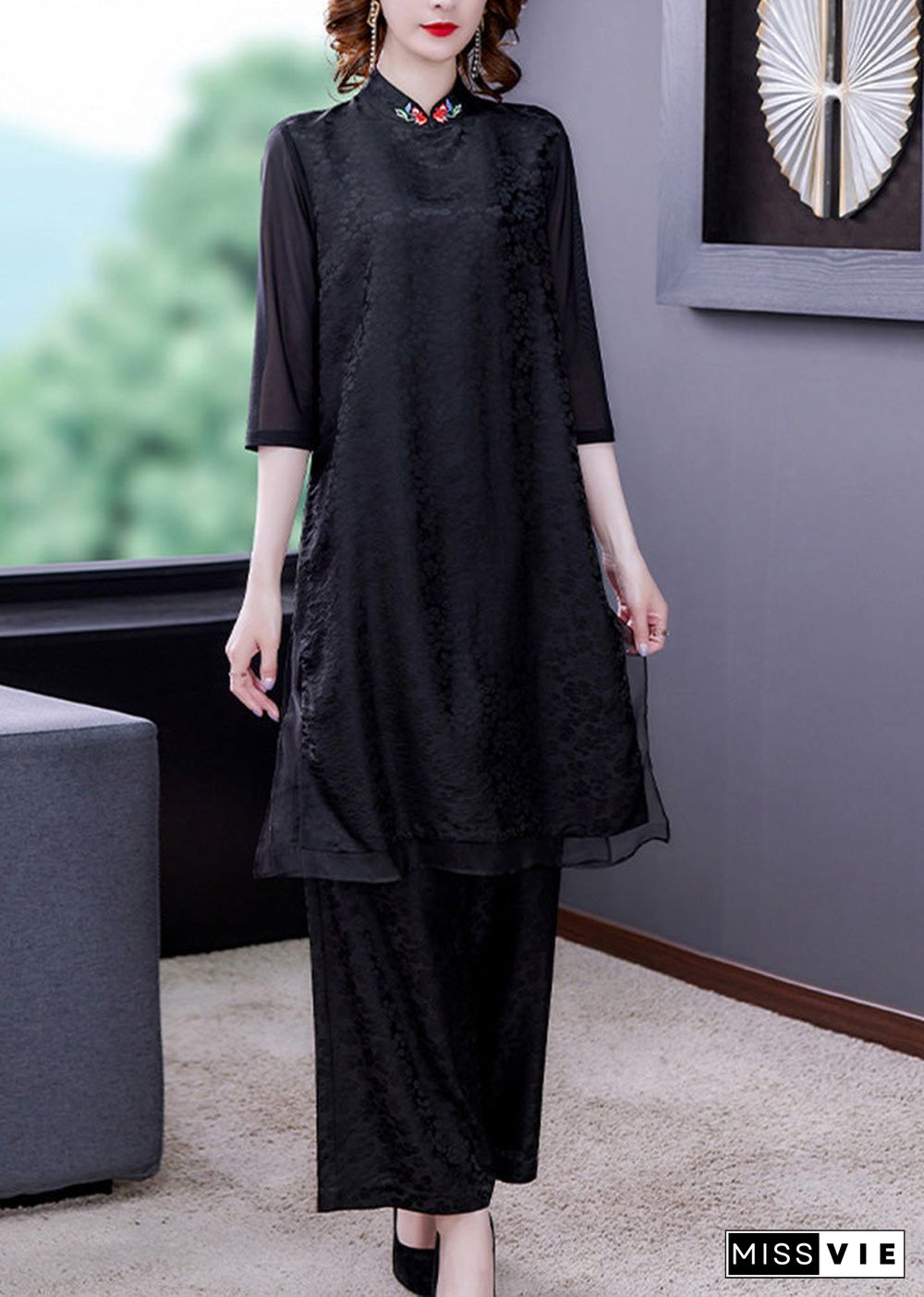 Jacquard Black Embroideried Silk Top And Wide Leg Pants Two Pieces Set Summer