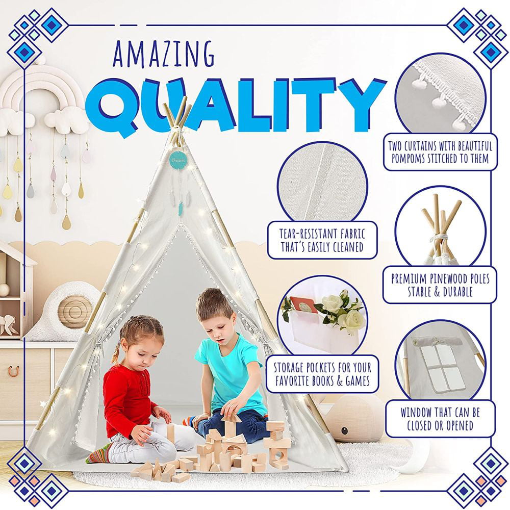 Orian Teepee Tent for Kids Playhouse With LED Lights and Pom Poms