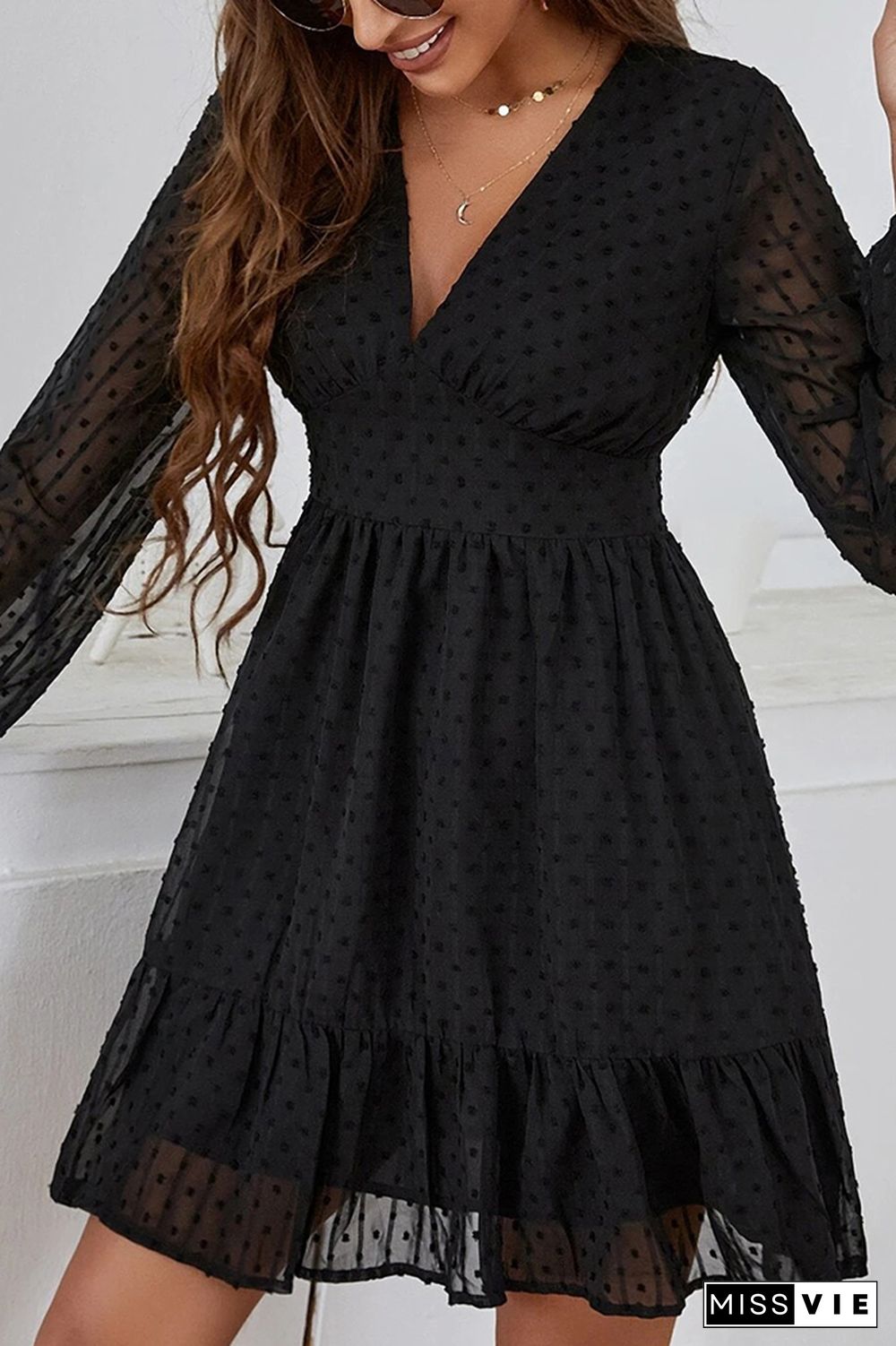 V Neck Lace Mesh Ruffle Smocked Dress