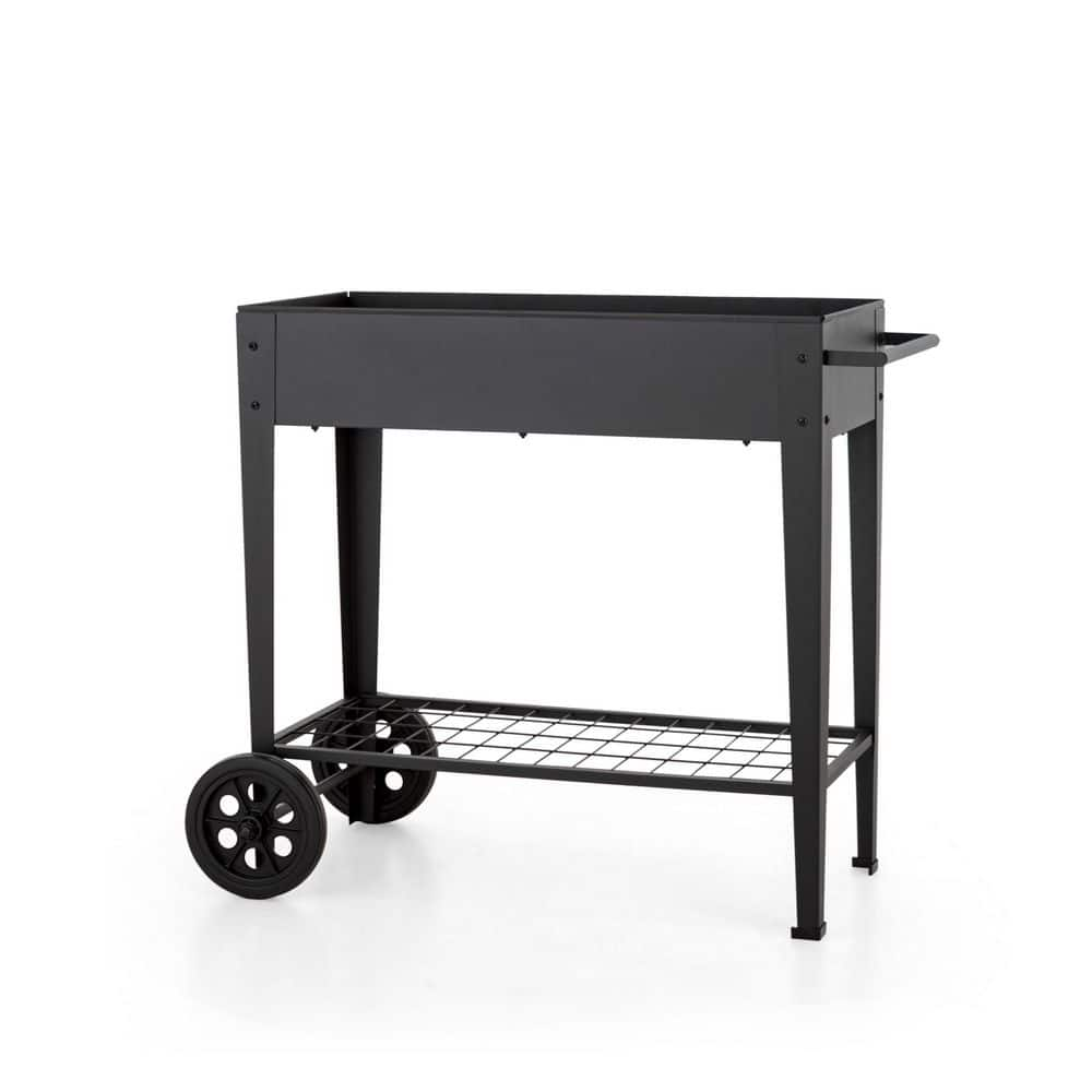 PHI VILLA Steel Elevated Garden Bed Raised Planter Box With Shelf and Wheels in Black THD-PV-430-B