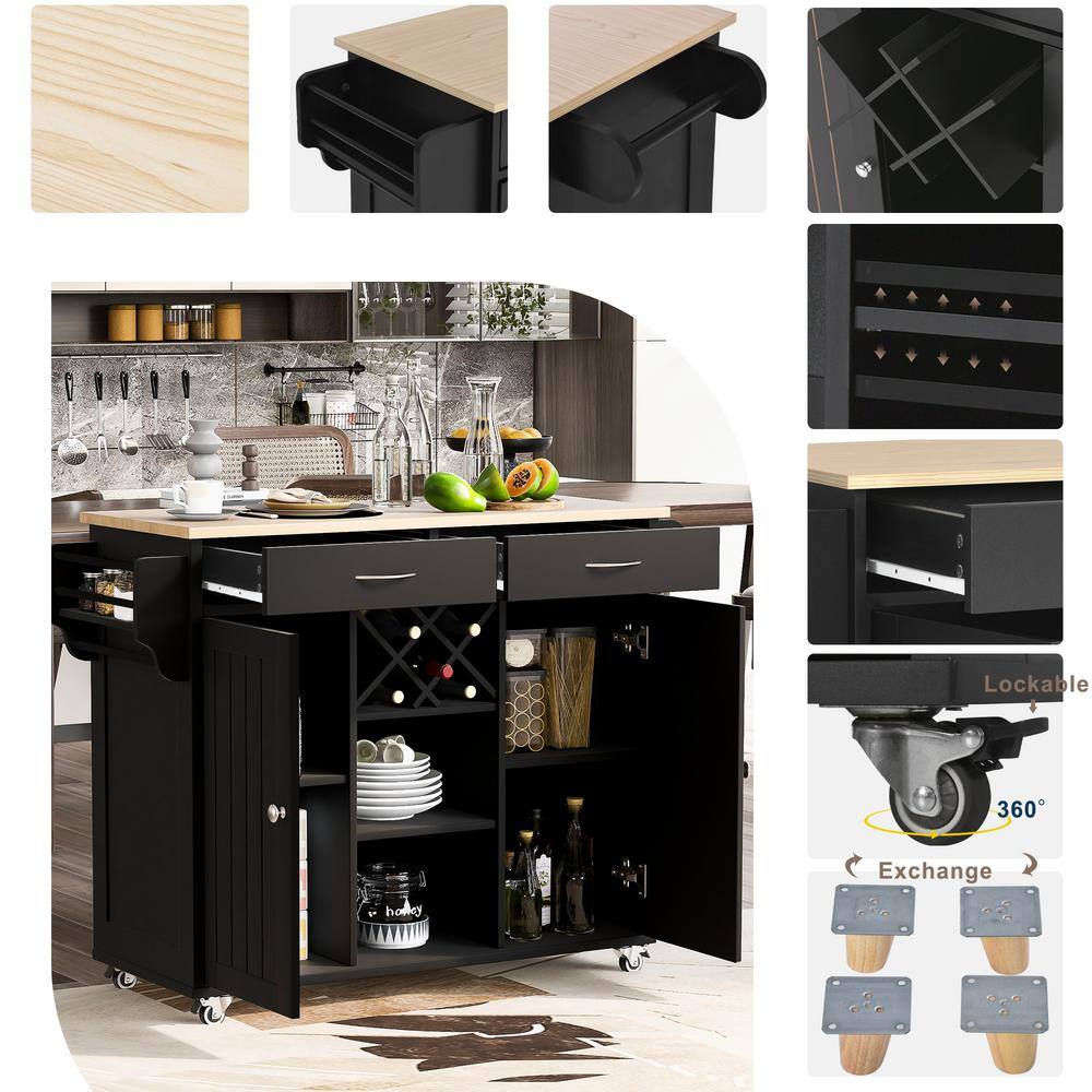 FAMYYT Black Wood Desktop 48 in. Kitchen Island with Wine Rack and Four Locking Wheels XJ-294554BK-L