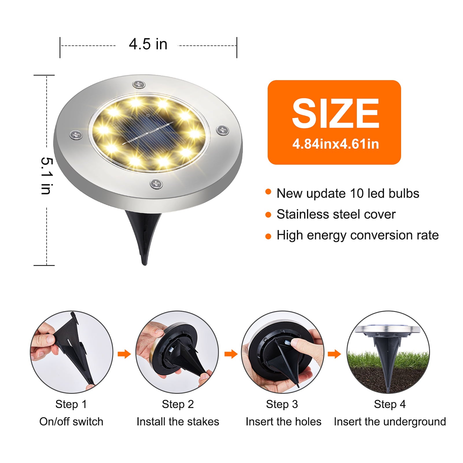 Solar Ground Lights Outdoor 8 Pack 10 LED Solar Garden Lights， Outdoor Solar Disk Lights In-Ground Lights for Lawn Patio Pathway Landscape Lighting Warm White