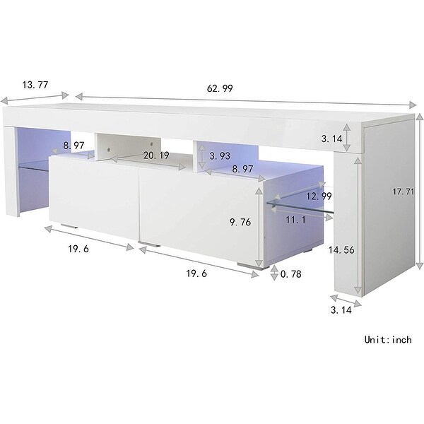 White LED TV Stand， Modern Entertainment Center for 65 Inch TV with 2 Drawer Storage and 2 Open Shelves - as picture