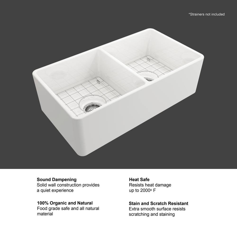 Glacier Bay Farmhouse Apron-Front Fireclay 33 in. Double Bowl Kitchen Sink in White with Bottom Grid 3ABRB-39-001