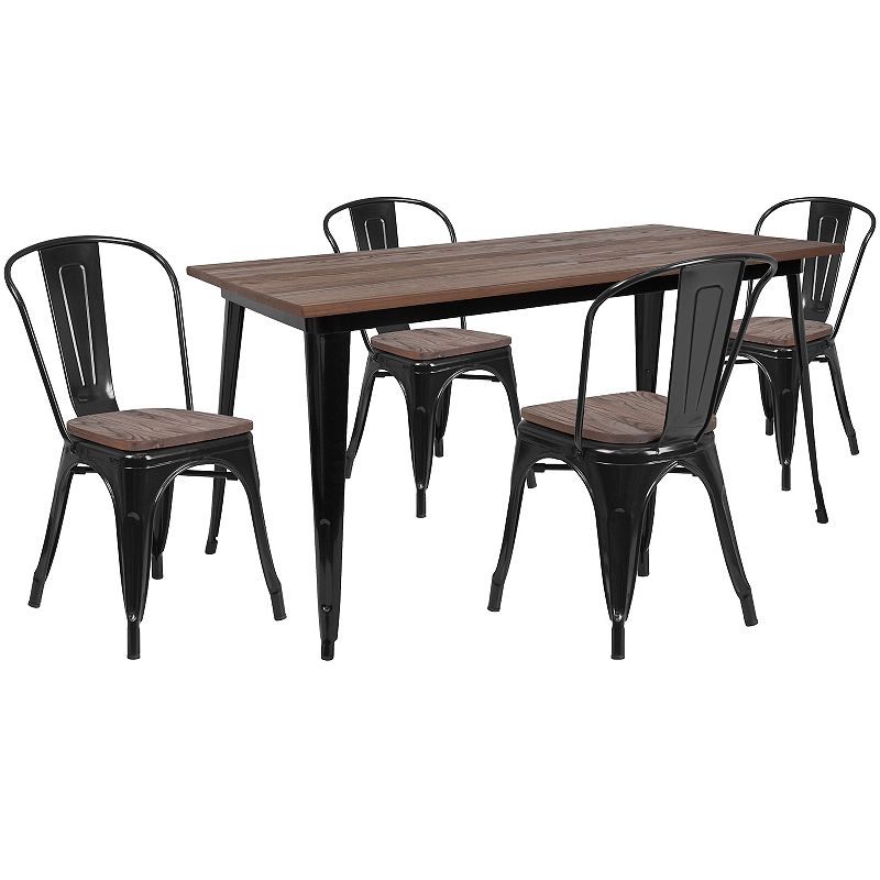 Emma and Oliver 30.25 x 60 Black Metal/Wood Table Set - 4 Stack Chairs