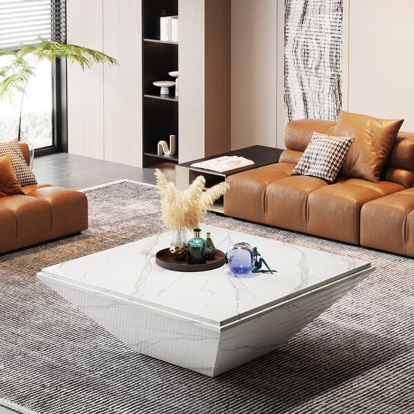 Square Coffee Table for Living Room，35.43Inch Faux Marble Modern Center Table