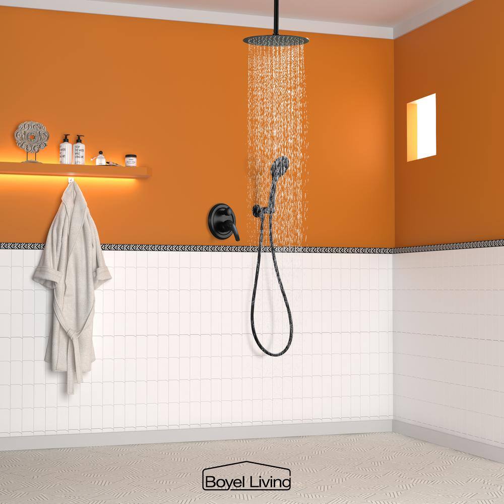 Boyel Living 5-Spray Patterns with 2.35 GPM 12 in. H Ceiling Mount Dual Shower Heads with Valve Included in Matte Black SMD-88041B-12