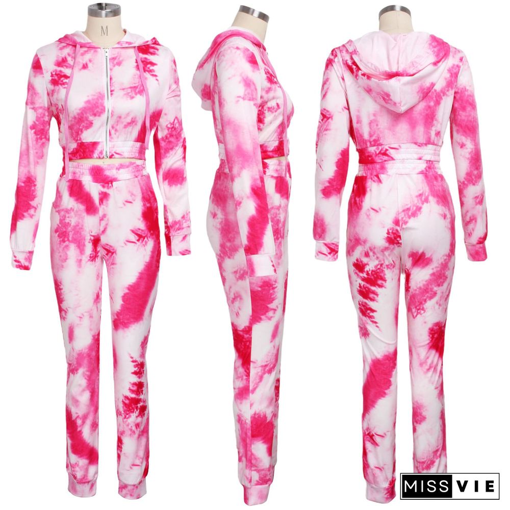 Tie-dye Printed Zipper Hoodie Sweatpants 2 Pieces Set