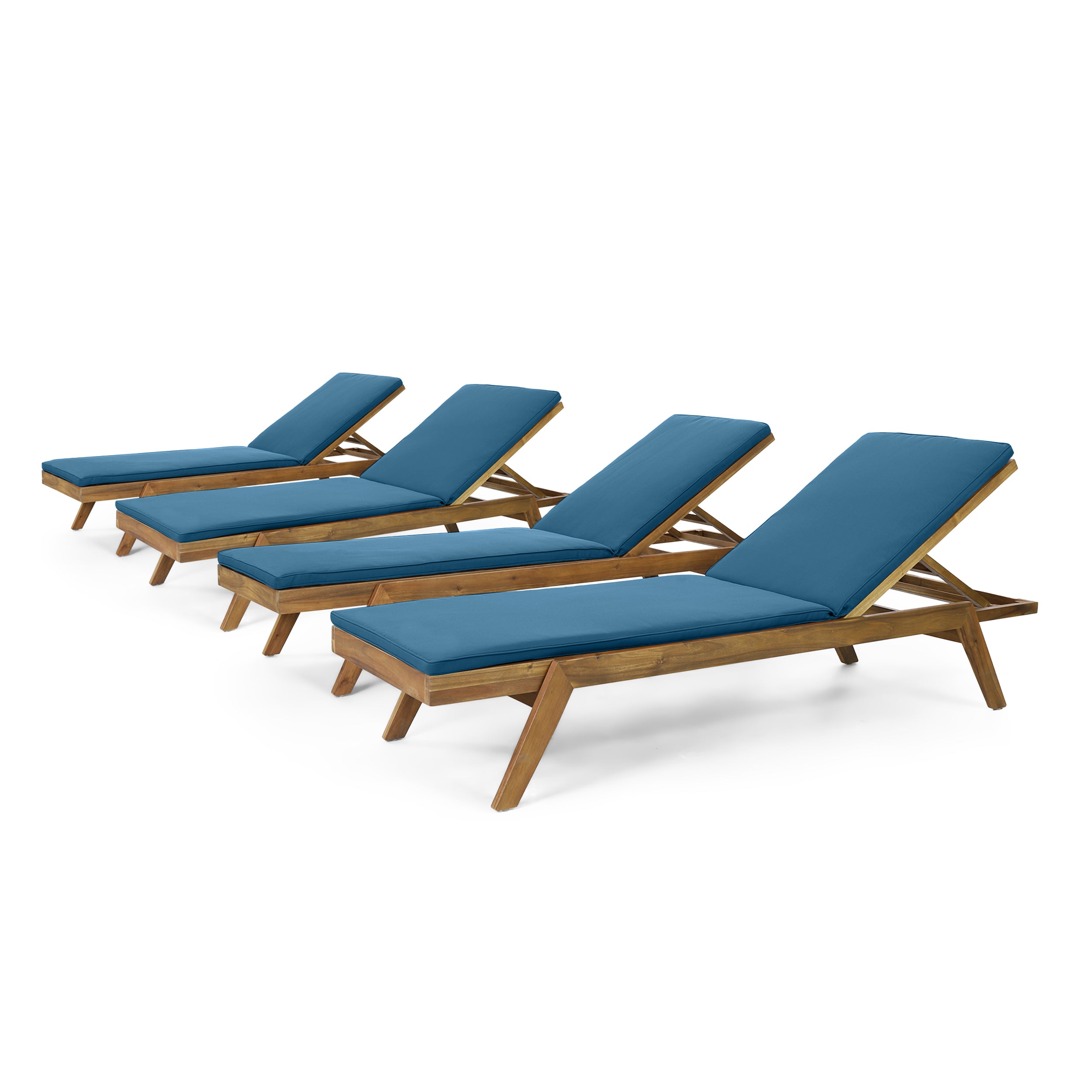 Larimore Outdoor Acacia Wood Chaise Lounge with Water Resistant Cushions, Set of 4