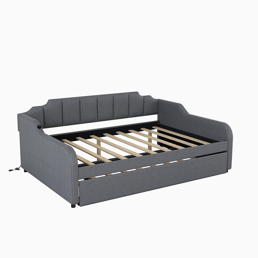 Full Size Grey Upholstered Daybed with Adjustable Trundle and USB Port