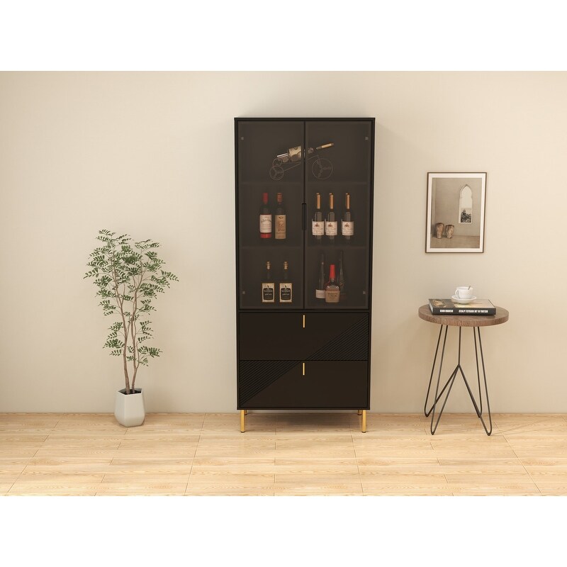 Wine Cabinet with Drawers and Doors  Black Gold High Wine Rack