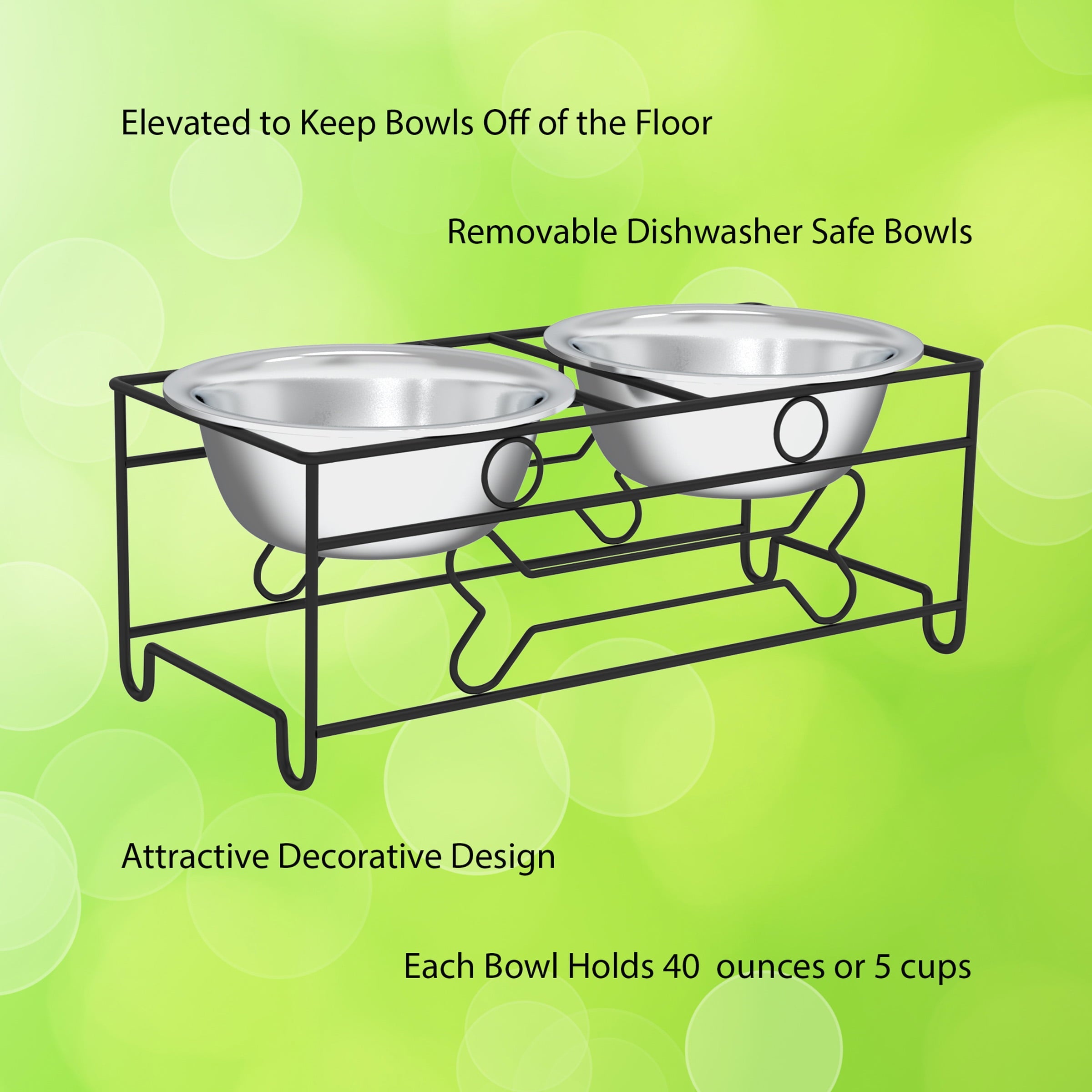 Elevated Dog Bowls  Decorative 6.5-inch-Tall Stand for Dogs and Cats  2 Stainless-Steel Food and Water Bowls Hold 40oz Each by Petmaker (Black)