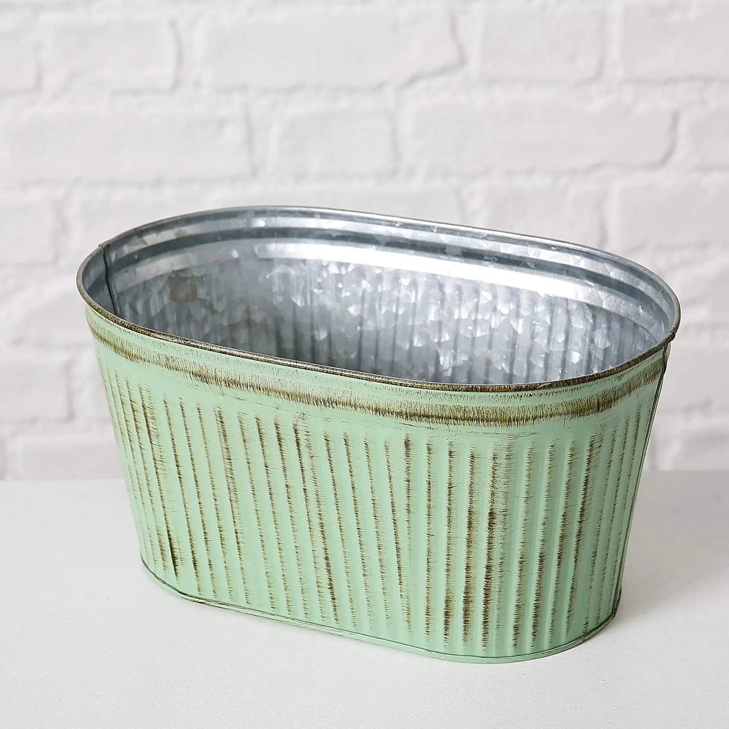 French Country Style Rectangular Oval Flowerpot Old Chic Light Green Russet Galvanized Corrugated Details