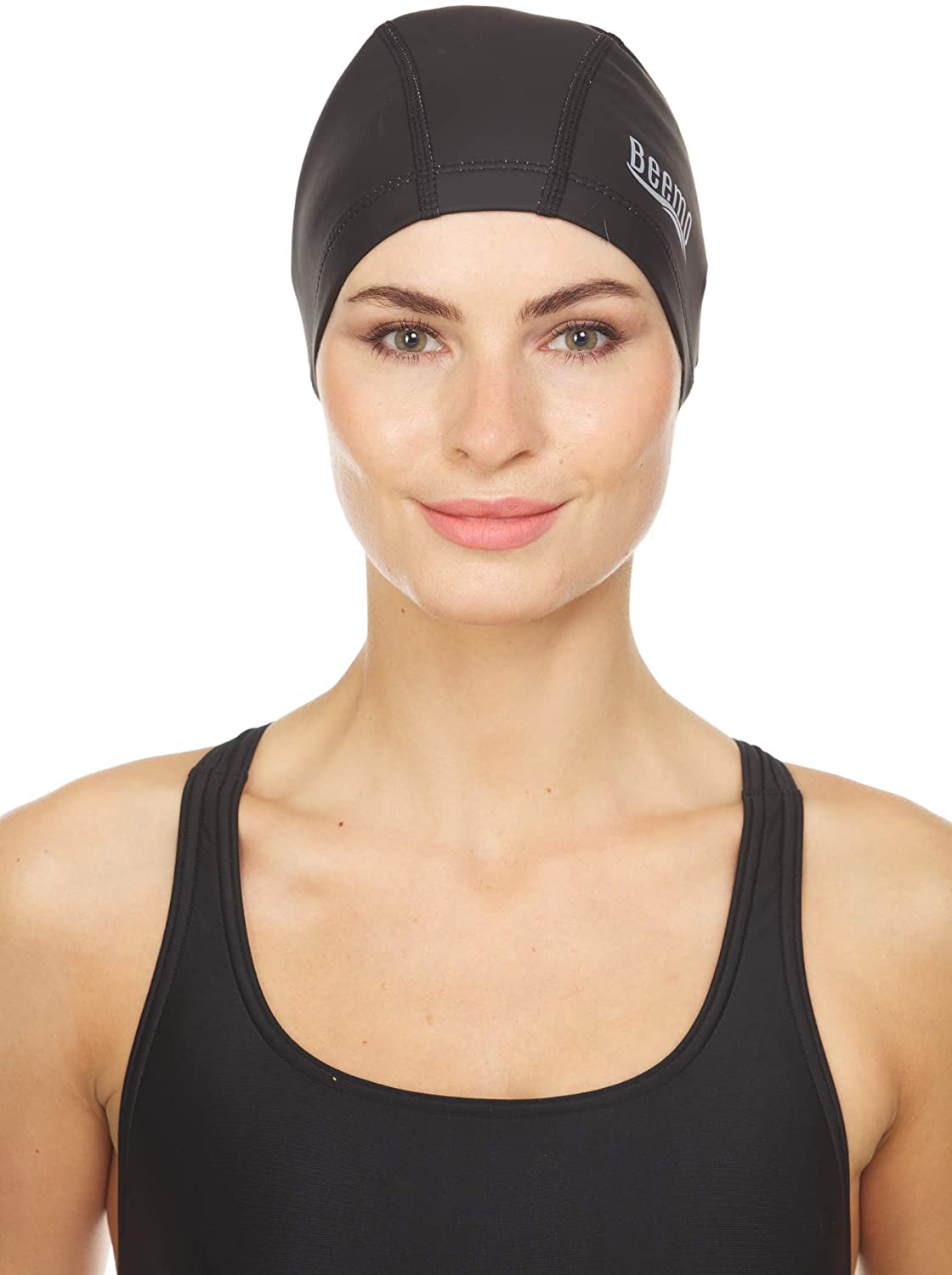 Beemo Latex Lycra Swim Cap for Long or Short Hair - Stretchable Head Cap - Black