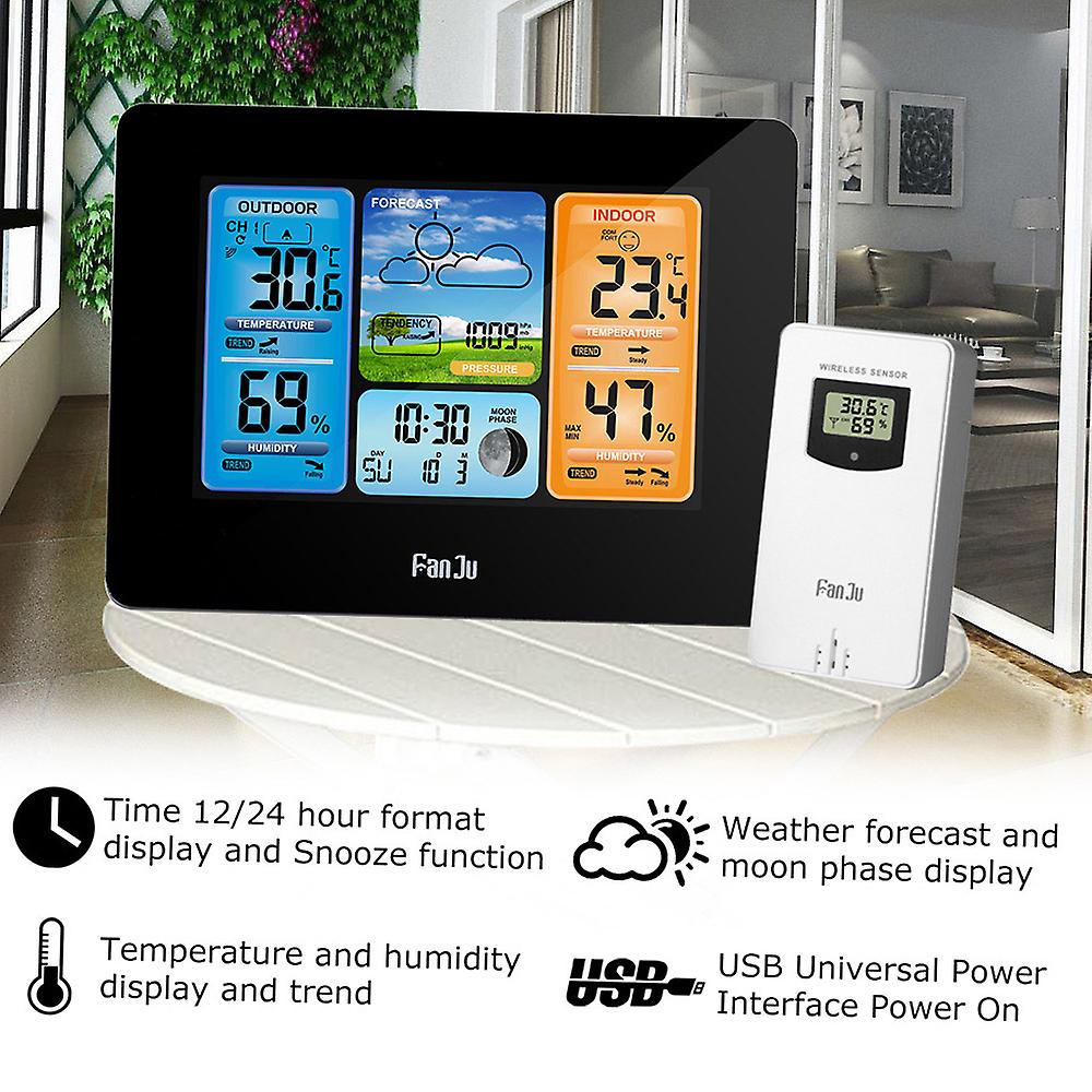 Fanju Fj3373 Multifunction Digital Weather Station Lcd Alarm Clock Indoor Outdoor Weather Forecast Barometer Thermometer Hygrometer With Wireless Outd